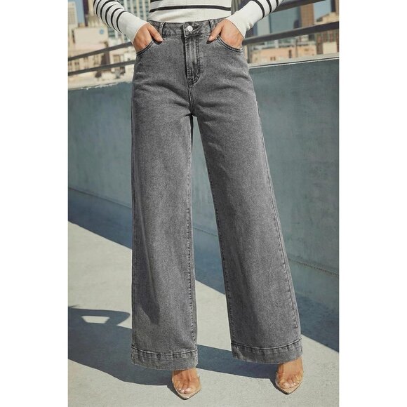 Women's Medium Grey Wide Leg Denim Jeans Stretchy Loose Pants with Pockets - Picture 2 of 6